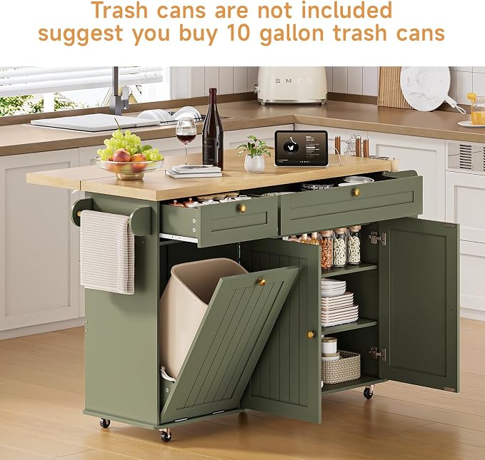 ONBRILL 60" Kitchen Island with Power Outlet & Drop Leaf, Rolling Island with Spice Rack & Towel Rack, Kitchen Island Cart with Trash Storage Cabinet, Island Table for Kitchen, Green