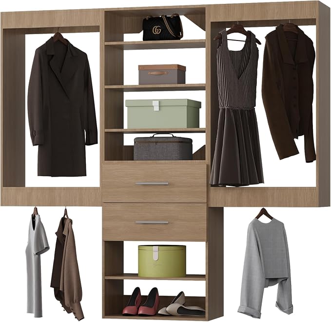 ROOMTEC Modular Closet System, 96" Wall Mounted Closet Organizer with Hanging Rods and Drawers, Wooden Tower for Walk-In Closets, Wardrobe Storage Kit, Wood