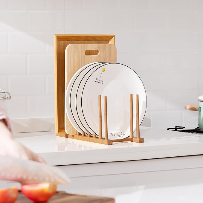 HBlife Heighten and Widen Bamboo Dish Drying Rack Plate Pot Lid Organizer | Plate Bowl Cup Book Pot Lid Cutting Board Stand, Drainer Storage Holder Organizer, For Kitchen Cabinet, 8 Slots