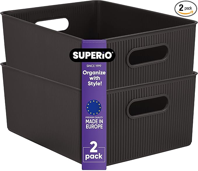 Superio Ribbed Collection - Decorative Plastic Basket Open Home Storage Bins Organizer, Large Brown (2 Pack) Container Boxes for Organizing Closet Storage Bins for Shelves 15 Liter/16 Quart