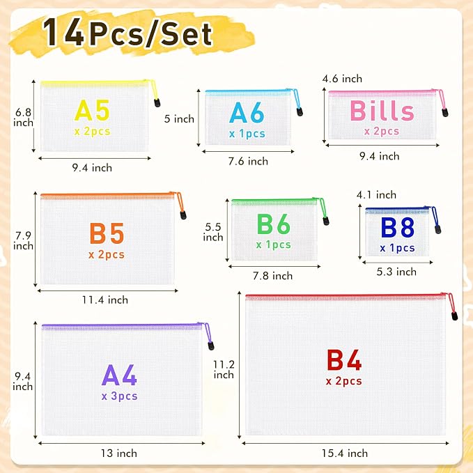 14pcs Mesh Zipper Pouch Bags, 8 Sizes Plastic Zippered Storage Bags for Organizing, Clear Pouches with Zipper, Waterproof Mesh Pouch for Office Supplies, Home Organize, Travel Storage