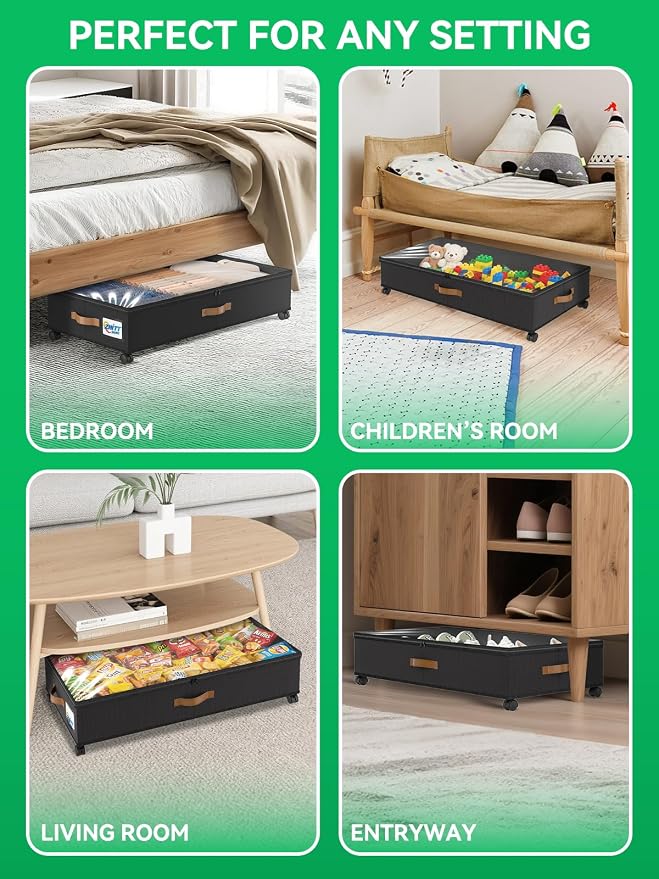 Under Bed Storage with Wheels 2 Pack, UnderBed Storage Clother Organizer | XXL UnderBed Shoe Storage Containers & Bedroom Furniture Organizers, Foldable Home Storage Bins for Bedroom Organization