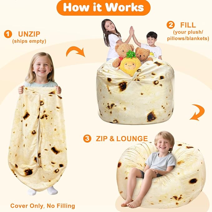 Lukeight Burrito Stuffed Animals Storage Bean Bag Chair Cover Only (Ships Empty, No Filling) - Velvet YKK Zipper Beanbag Cover for Big Kids Teens, Washable Plush Toy Organizer, XX-Large 36" D x 20" H