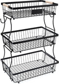 3 Tier Fruit Basket with 2 Banana Hangers, Mesh Basket Fruits Stand Produce Holder Organizer for Onion Potato Bread Snack Veggie Black
