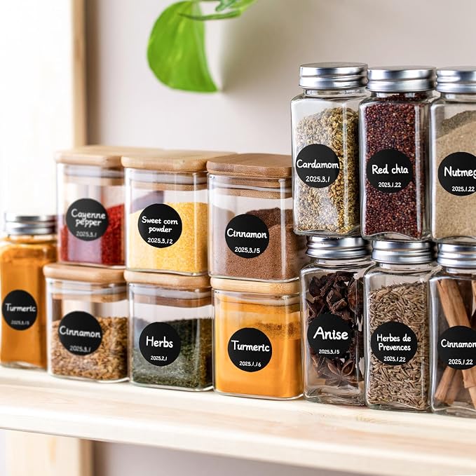 Segarty Chalkboard Labels, 216 Pcs Blank Circle Labels with 1 White Chalk Marker for Spice Jars, Waterproof Black Label Stickers for Food Containers, Glass Mason, Bottle, Kitchen Organization