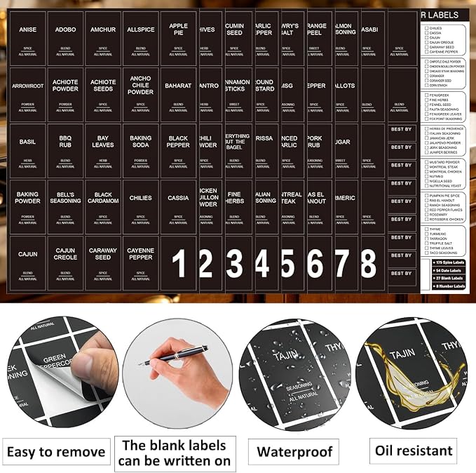 256 Spice Labels Minimalist Waterproof Spice Jar Stickers Removable Oil-Resistant Preprinted Spice with Blank Label for Kitchen Herb & Seasoning Labels Food Containers Organizers Storage Bins