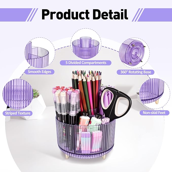 360 Rotating Pen Pencil Holder for Desk, Pen Organizer with 5 Slots, Makeup Brush Holder, Desk Organizer and Accessories, Cute Pencil Cup Caddy for Office School Home Decor Art Supply (Purple)