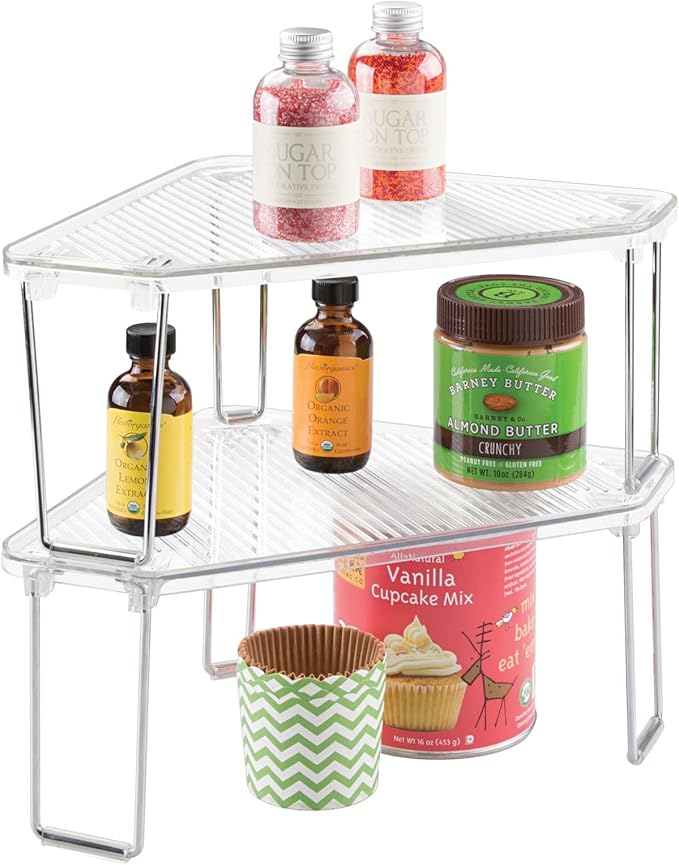 mDesign Plastic/Steel Freestanding Foldable Corner Stackable Organizer Shelf for Kitchen, Counter, Pantry, Cabinet Storage, Holds Plates, Dishes, Ligne Collection, Clear