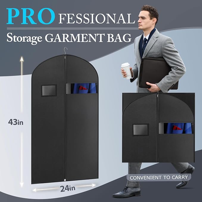 43-inch Garment Bags for Travel, Garment Bags for Hanging Clothes with Zipper and Visible Transparent Window, 2 Pack，Black