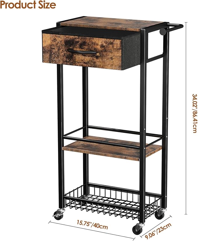 Lewondr Bathroom Organizer and Storage Cart with Drawer, 3-Tier Narrow Rolling Utility Cart with Wood Top and Wheels for Small Spaces, Laundry, Black