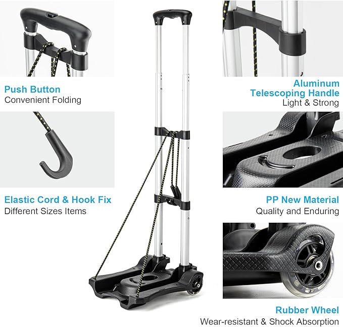 Vsaikeo Small Folding Hand Truck Dolly with 2 Wheels, Lightweight Aluminum Foldable Luggage Cart, Collapsible Cart Portable Dolly for Airport Travel Moving Use