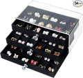 SPAKOWN Earring Box Holder Organizer Display Case | Clear Velvet Jewelry Storage Tray Organizer for Earring Ring Stud (Black - 3 Drawers)