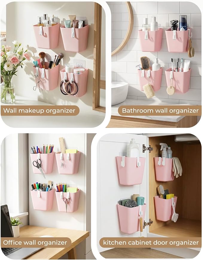 4 Pack Rolling Cart Accessories, Pink Craft Cart Cup Holder and 6 Hooks for Utility Carts, Adhesive Kitchen Cabinet Door Storage, Space-Saving Wall Mount Organizer for Bathroom, Office, Makeup