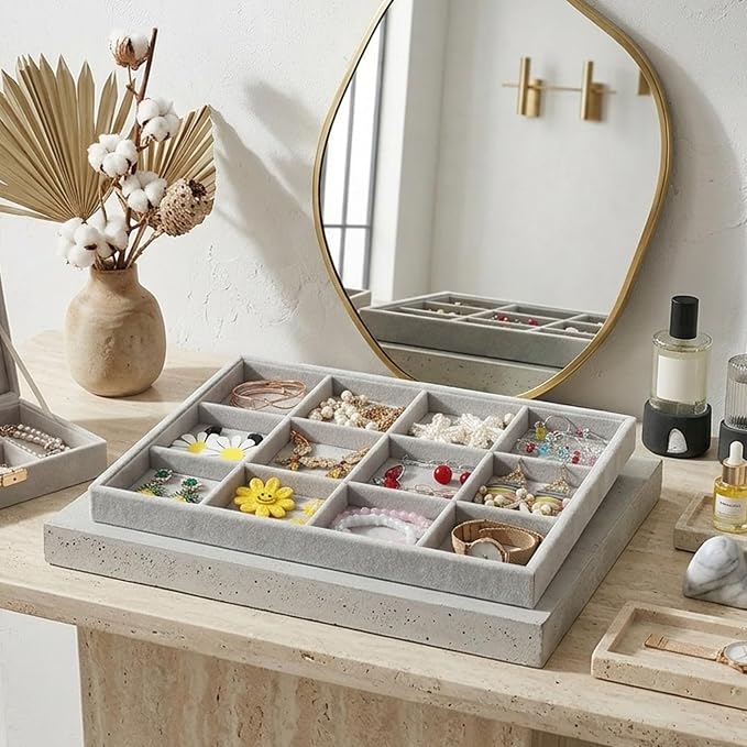 Stratalife 12 Grid Jewelry Organizer Tray, Stackable Drawer Earring Organizer with Adjustable Dividers, Jewelry Display Tray for Necklace Earring Ring Bracelet, 13.8" x 9.4" x 1.2", Grey