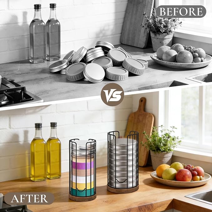 Mason Jar Lid Organizer, Metal & Wood Jar Lid Storage Holder | Rustic Canning Lid Organizer, Vertical Metal Wire Jar Lid Holder Caddy for Mason Jar Lids, Canning Lids and Rings, 2 Pack