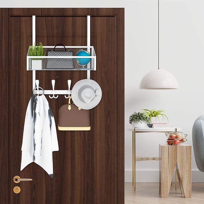 Kaiferty Over The Door Hooks Organizer, Coat Rack Over The Door Storage Hanger Towel Rack, Back of Door Storage Organizer for Bathroom,Bedroom,Kitchen,Office (White, 2-Tier)
