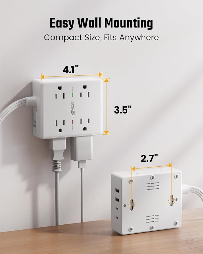 SUPERDANNY Extension Cord,Flat Plug Surge Protector Power Strip,6Ft | 8 AC & 4 USB Ports (2 USB C),Surge Protector with 1050J,Desk Charging Station for Home Office,College Dorm Room Essentials