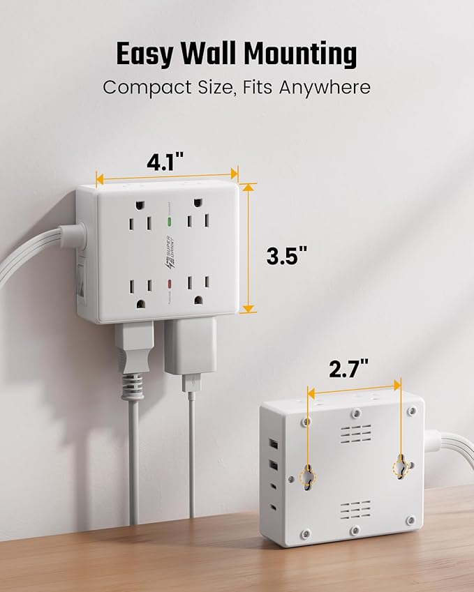 SUPERDANNY Extension Cord,Flat Plug Surge Protector Power Strip,25Ft | 8 AC & 4 USB Ports (2 USB C),Surge Protector with 1050J,Desk Charging Station for Home Office,College Dorm Room Essentials