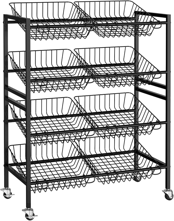 Evermagin 25.2" W Kitchen Storage Cart, 4-Tier Snack Cart with Wheels | Metal Fruit Basket Vegetable Stand, Pantry Storage Organizer with 8 Removable Baskets for Onion Potato, Black