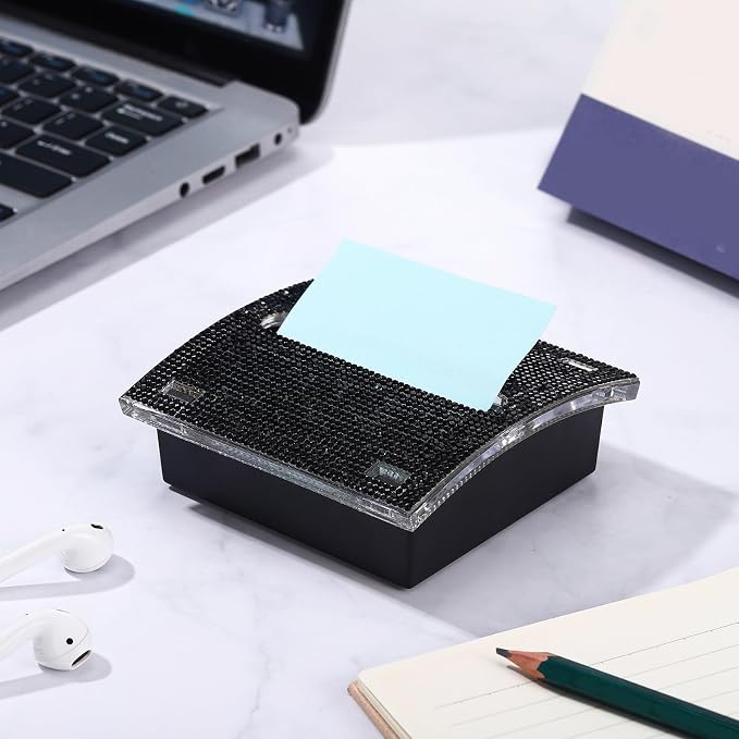Eersida Rhinestone Self Stick Note Pad Holders 4 x 4 Inches Black Cute Note Holder Sticky Dispenser Bling Memo Stick Dispenser for Office Employee Coworkers Gifts Home Desk Supplies