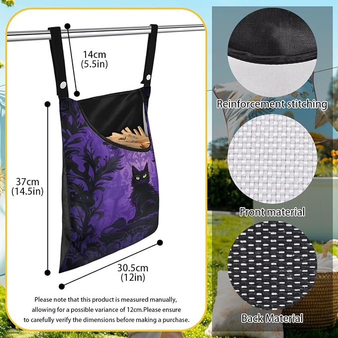 Black Cat Laundry Clothespin Bags Hollween Hanging Storage Organizer 12 x 14.5 Inch Clothes Pin Bag Waterproof Clothespin Bag Clothespins Holder Large Opening and Hanging Rope