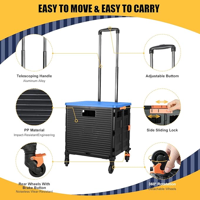 SELORSS Foldable Utility Cart Collapsible Crate Rolling Carts Handcart Trolley Tool Box Basket 4 360°Noiseless Wheels Lid Telescoping Handle for Shop Grocery Luggage Move Office School Teacher (Blue)