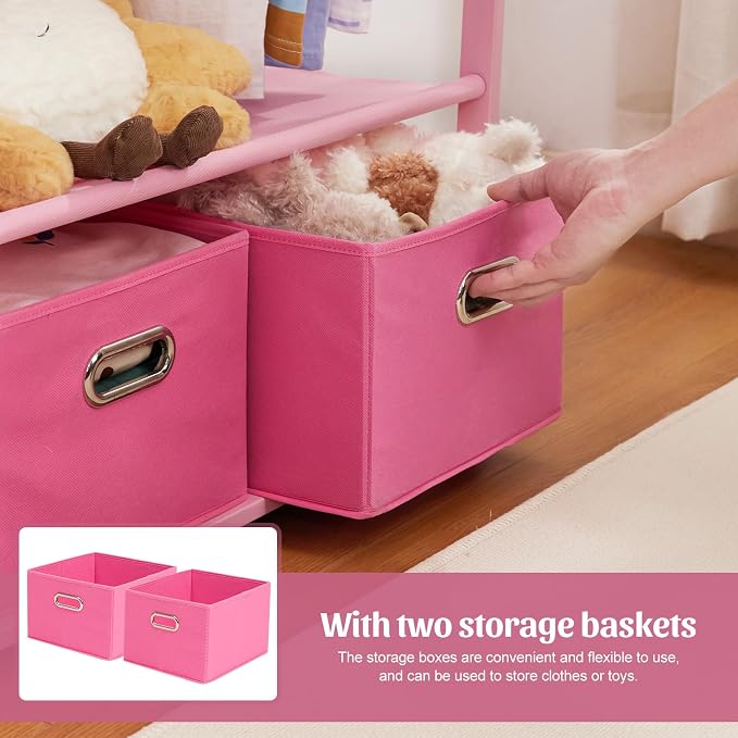 Bamboo Kids Clothing Rack: Holds Up To 121 Lbs of Dress-Up Clothes | 2 Adjustable Hanging Rods & 2 Storage Baskets With Shelf. Child Garment Holder for Playroom & Toddler Bedroom (Pink)