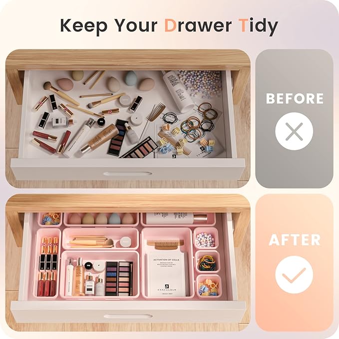 A-LuGei 【28pcs】 【5size】 Drawer Organizer, Makeup organizer, 【Holds 177 Items】 Bathroom Organizers and Storage, Plastic Desk Organizer Divider, Organizer Bins(5size)(LightPink)