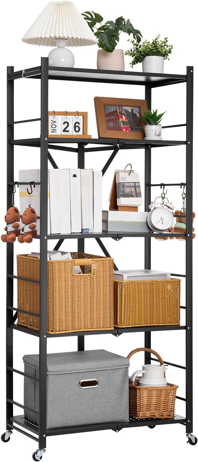 VEVOR 5-Tier Foldable Storage Shelf, 28W x 15D x 64H Inch Folding Metal Rack Shelving Unit, No Assembly Organizer Shelf with 5 Wheels & 4 Hooks for Pantry, Kitchen, Garage, Basement, Black