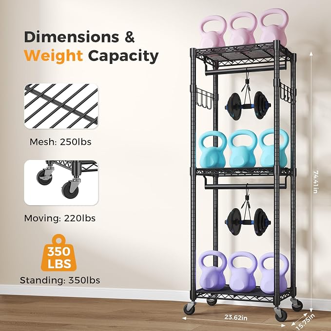 NEWBULIG Heavy Duty Clothing Rack with Wheels, 3-Tier Adjustable Wire Garment Rack, Metal Freestanding Closet Organizer System with Double Hanging Rods & 8 Side Hooks, 23" x 15" x 75", Black