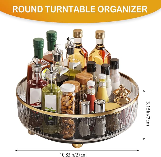11-Inch Clear Lazy Susan, Non-Skid Rotating Storage Tray, Ideal for Kitchen Cabinets, Pantry, Refrigerator, Bathroom Countertop, Vanity Makeup Organizer, Spice Rack (Gray, 11Inch)