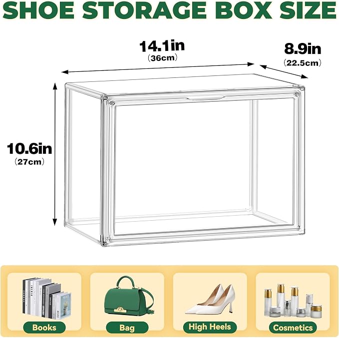 4 Pack X-Large Shoe Boxes Size 14, Clear Acrylic Handbag Storage Box Sneaker Display Case Shoes Containers with Magnetic Door Acrylic Display Case Organizer for Closet