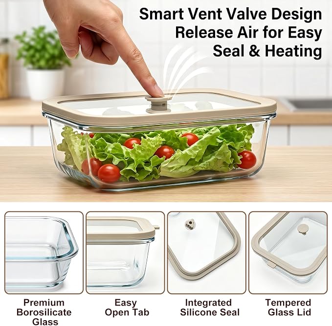 4 Pack Glass Meal Prep Containers with Glass Lids, Plastic-Free Glass Food Storage Containers, Multi-Size Glass Food Prep Containers for Lunch, Leftovers, Microwave, Freezer (12, 21, 35, 50 oz)