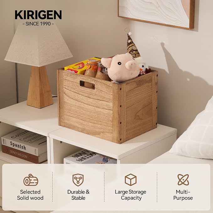KIRIGEN Stackable Wood Storage Cube with Handles, Open Cubby Bin, Brown | Open-Front Wooden Crate Box for Books, Clothes, Shoes, Closet Storage, and Display for Home Office, Assembly Required