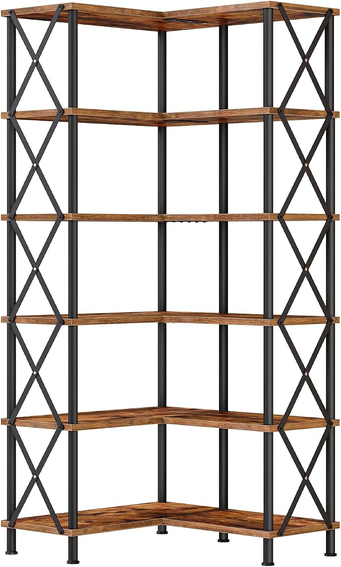 HOOBRO Corner Bookshelf, 6-Tier L-Shaped Bookcase, Industrial Open Display Shelf Tall Storage Organizer, Vertical Storage Rack, for Living Room, Home Office, Rustic Brown and Black BF61SJ01