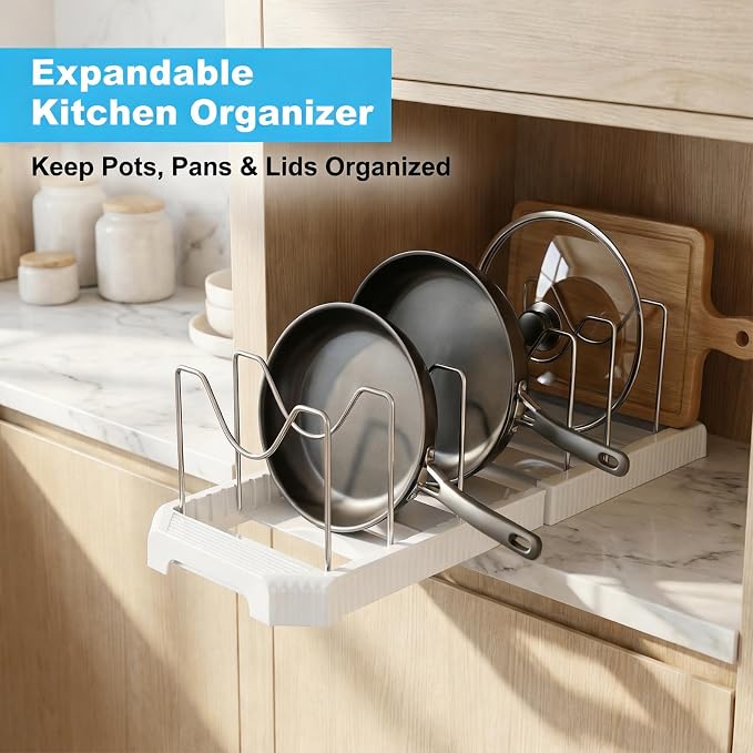 A Pots and Pans Organizer Rack for Under Cabinet, Expandable 12.99''-22.05'' Pot Lid Holder with 7 Adjustable Dividers, Space-Saving Storage for Renters, Small Homes&Cooks (White)