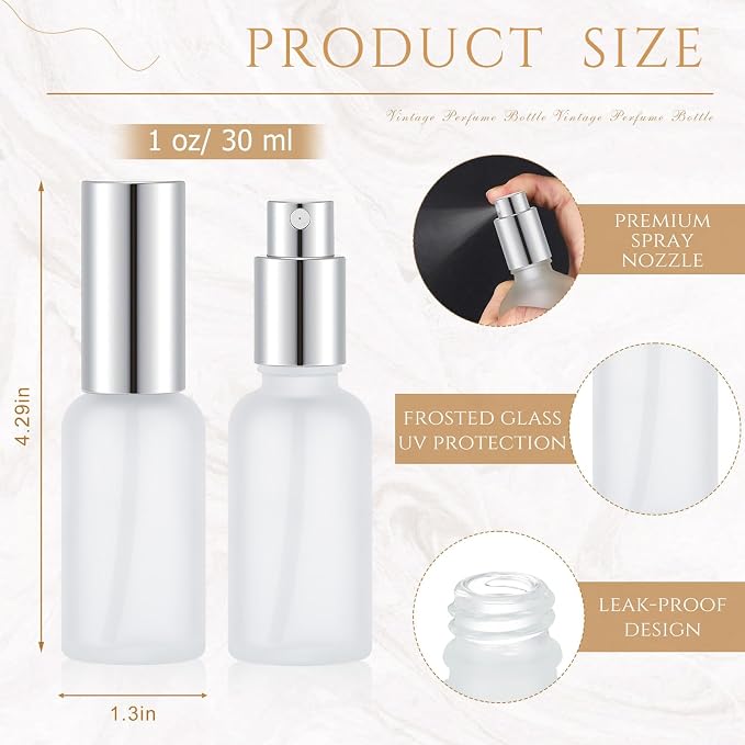 Roshtia 30 Pcs Glass Spray Bottle Clear Empty Bottles Small Refillable Reusable Perfume Bottle with Fine Mist Sprayer Pump for Face Body Travel(1 oz,Silver)