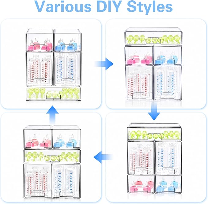 Baby Bottle Organizer, 5 Pack Clear Acrylic Stackable Storage Drawers, Baby Bottle Storage Organizer for Countertop, Nursery, Vanity & Cabinet