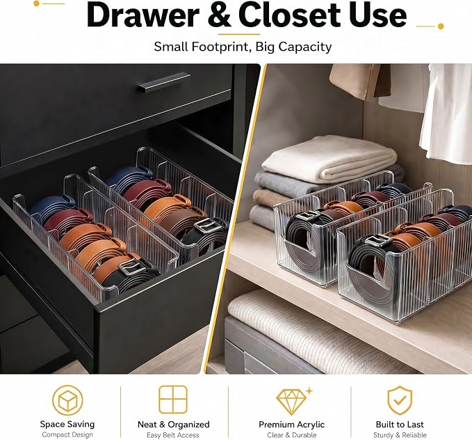 Acrylic Belt Organizer, 2 Pack Clear Belt Storage Box with 4 Adjustable Compartments, Stackable Durable Acrylic Belt Holder, Anti-Scratch Belt Display Case for Closet and Drawer Organization