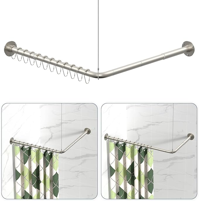 L Shaped Shower Curtain Rods, Adjustable (23''-69'' X 23''-69'') Corner Shower Rod with 12 Shower Curtain Rings, All 304 Stainless Steel, for Bathroom, Bathtub, Clothing Store, Need to Drill, Silver