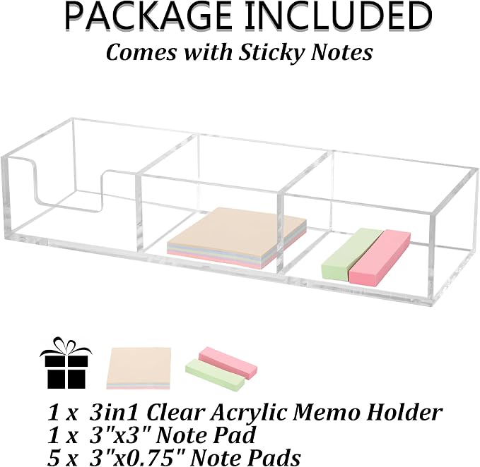 Acrylic 3in1 Sticky Note Holder Desk Organizer, 11.8" x 3.94" x 2.36" Self-Stick Memo Pad Dispenser for School Office Home Post Bank with 3 Compartments (DP003)