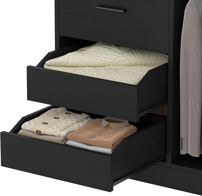 36 Inches Modular Closet Drawers System, 3FT Wood Closet Organiser with Closed & Half-Open Drawers, Walk-in Freestanding Wardrobe Storage Cabinet with 6 Shelves, Black (36"L x 15" W x 80" H)