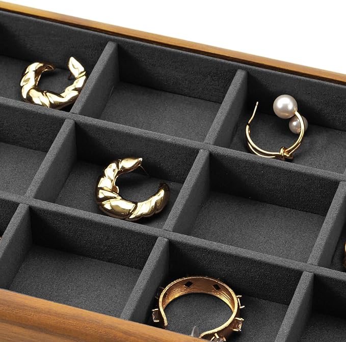Oirlv Solid Wood 12 Grid Jewelry Organizer Tray Jewelry Drawer Organizer for Rings Earrings Storage Display(Grey)