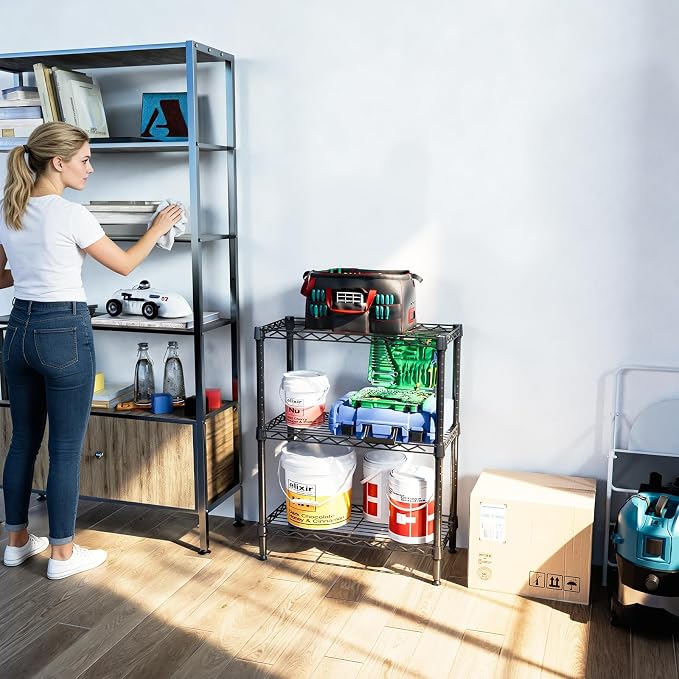 3 Tier Wire Shelving Unit, Small Metal Wire Shelf for Kitchen & Bathroom | 11.8" D X 25.6" W X 31.5" H Adjustable Black Storage Shelf, 750 LBS Shelf Rack Organizer for Bedroom, Office and Small Spaces