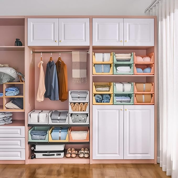 4 Pack Folding Closet Organizers Storage Box, Stackable Storage Bins, Plastic Drawer Basket Closet Storage for Wardrobe Cupboard Kitchen Bathroom Office White-4L | White stackable plastic drawer bins for closets, wardrobes, kitchens, bathrooms, offices