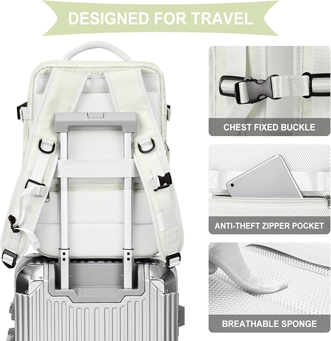 WONHOX Large Travel Backpack Women, Carry On Backpack, Hiking Backpack Waterproof Outdoor Sports Rucksack Casual Daypack with USB Charging Port Shoes Compartment, Moon White