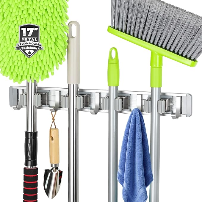 reliahom Broom Holder Wall Mount Mop Hanger Tools organizer 4Racks 5Hooks | Adjustable Stick or Screw Mop Broom Wall Hanging Tool Storage Rack Space-saving for Garage,Kitchen,Laundry Room,Garden,Gray