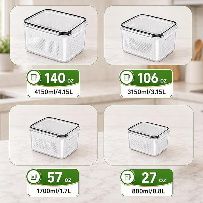 UFORU 4 Pack Fruit Storage Containers, Airtight Produce Saver for Fridge | Airtight refrigerator storage containers with removable colander and stackable design for berries, fruits and vegetables