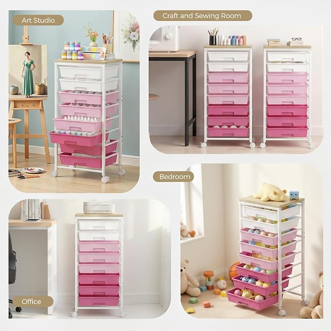 Rolling Cart with 8 Drawers, Plastic Drawer Storage Carts with Wheels & Wooden Tabletop, Metal Utility Cart Organizer for Bedroom Living Room Office Classroom Craft Organization and Storage, Pink
