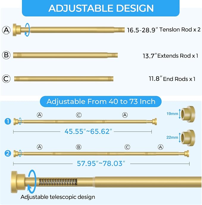 AIZESI Spring Tension Curtain Rod No Drilling 45 to 77 Inch, 7/8" Diameter, Gold Adjustable Shower Curtain Rods for Window Bathroom, Doorway, Closet & Kitchen